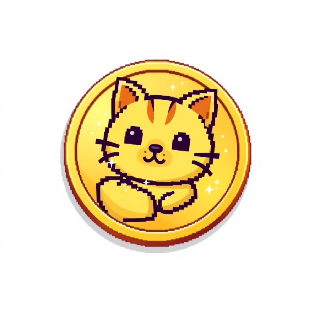 pixelated 2D gold gradient coin icon featuring a cute cat design