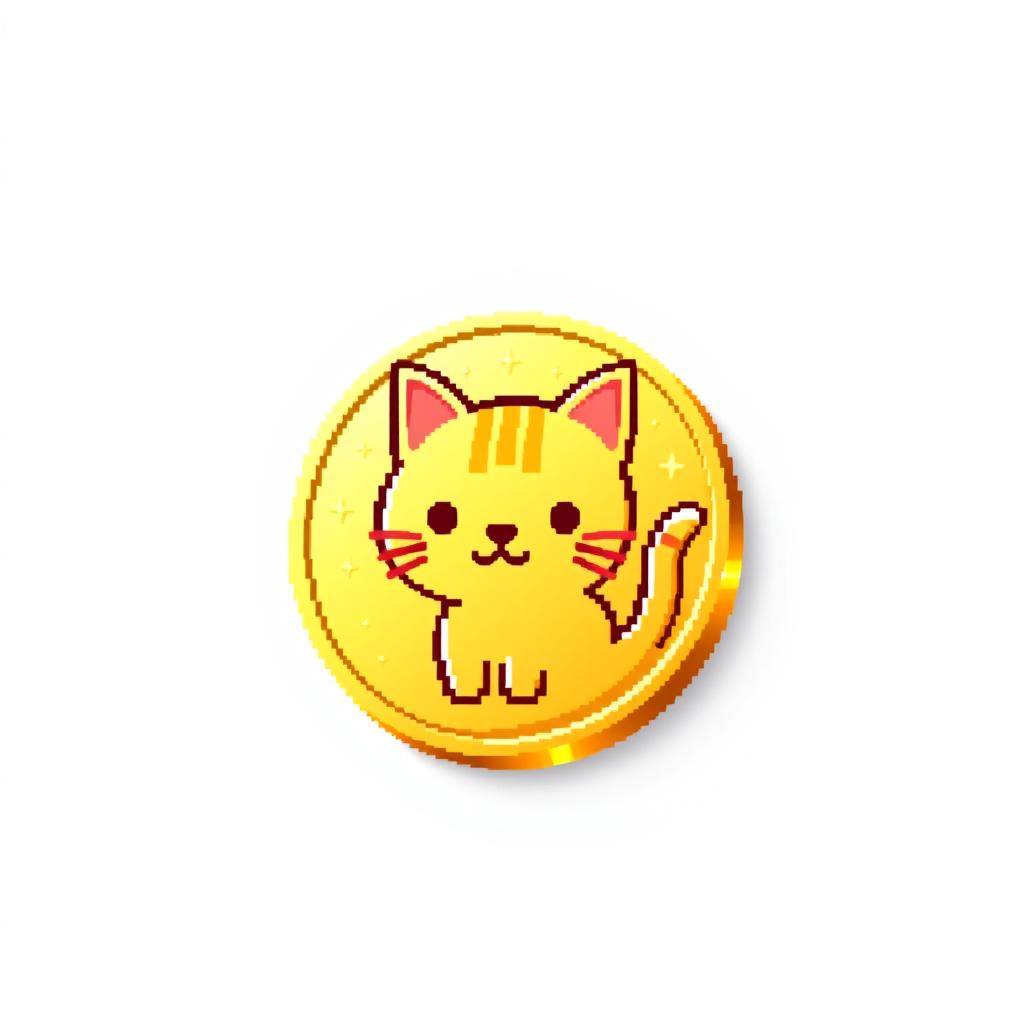 pixelated 2D gold gradient coin icon featuring a cute cat design