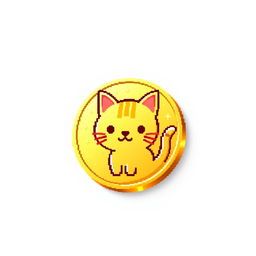 pixelated 2D gold gradient coin icon featuring a cute cat design