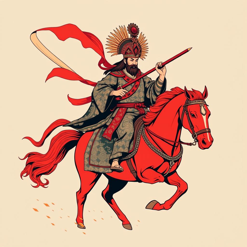 An evocative t-shirt design depicting Guan Gong riding a red horse, holding a large traditional Chinese saber