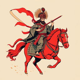 An evocative t-shirt design depicting Guan Gong riding a red horse, holding a large traditional Chinese saber