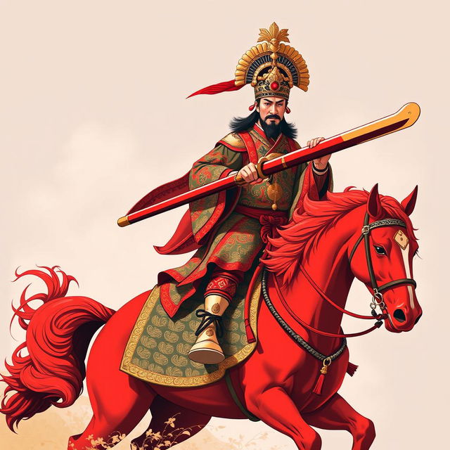 An evocative t-shirt design depicting Guan Gong riding a red horse, holding a large traditional Chinese saber