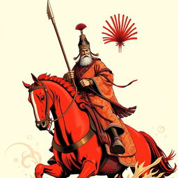 An evocative t-shirt design depicting Guan Gong riding a red horse, holding a large traditional Chinese saber