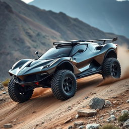 A futuristic LaFerrari transformed into an offroad vehicle, featuring rugged tires, lifted suspension, reinforced body with skid plates, offroad accessories like roof rack and light bar