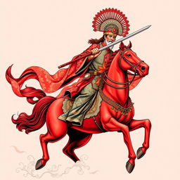 An impressive full t-shirt design depicting Guan Gong riding a red horse wielding a large traditional Chinese saber