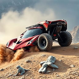 A futuristic LaFerrari transformed into an offroad vehicle, featuring rugged tires, lifted suspension, reinforced body with skid plates, offroad accessories like roof rack and light bar