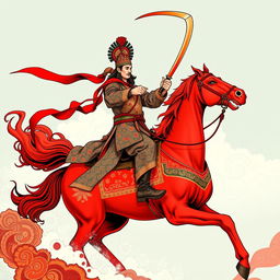 An impressive full t-shirt design depicting Guan Gong riding a red horse wielding a large traditional Chinese saber