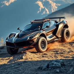 A futuristic LaFerrari transformed into an offroad vehicle, featuring rugged tires, lifted suspension, reinforced body with skid plates, offroad accessories like roof rack and light bar