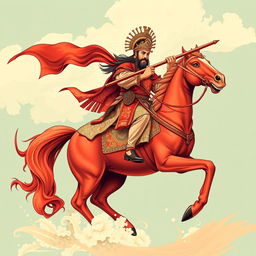 An impressive full t-shirt design depicting Guan Gong riding a red horse wielding a large traditional Chinese saber