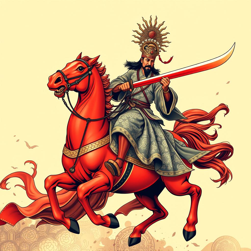 An impressive full t-shirt design depicting Guan Gong riding a red horse wielding a large traditional Chinese saber