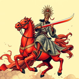 An impressive full t-shirt design depicting Guan Gong riding a red horse wielding a large traditional Chinese saber