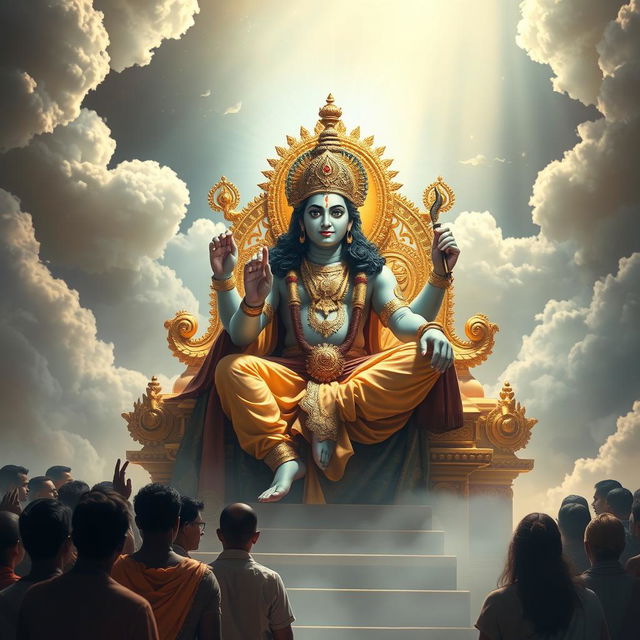 Depict Lord Vishnu, majestic and powerful, seated on his opulent golden throne in the heavenly realm of Vaikuntha