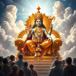 Depict Lord Vishnu, majestic and powerful, seated on his opulent golden throne in the heavenly realm of Vaikuntha