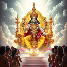 Depict Lord Vishnu, majestic and powerful, seated on his opulent golden throne in the heavenly realm of Vaikuntha