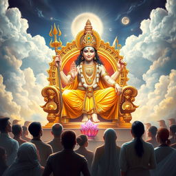 Depict Lord Vishnu, majestic and powerful, seated on his opulent golden throne in the heavenly realm of Vaikuntha