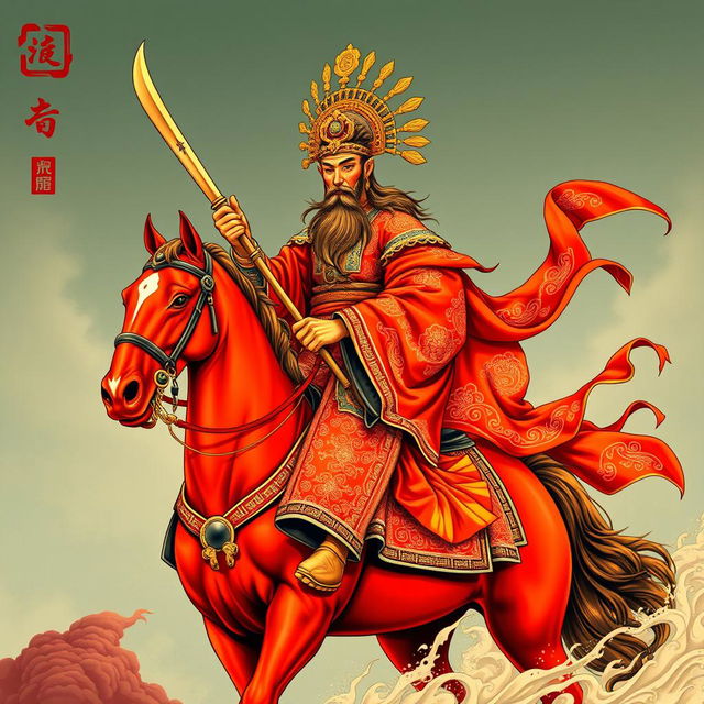 A striking full t-shirt design depicting Guan Gong with a red face and long beard, riding a red horse