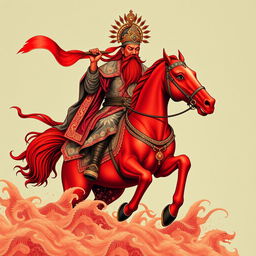 A striking full t-shirt design depicting Guan Gong with a red face and long beard, riding a red horse