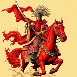 A striking full t-shirt design depicting Guan Gong with a red face and long beard, riding a red horse