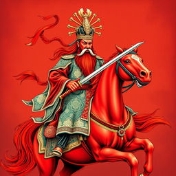 A striking full t-shirt design depicting Guan Gong with a red face and long beard, riding a red horse