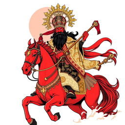 A detailed t-shirt design featuring Guan Gong with a red face and a long black beard, riding majestically on a red horse