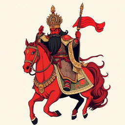 A detailed t-shirt design featuring Guan Gong with a red face and a long black beard, riding majestically on a red horse