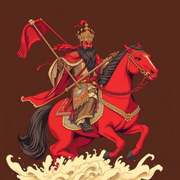 A detailed t-shirt design featuring Guan Gong with a red face and a long black beard, riding majestically on a red horse