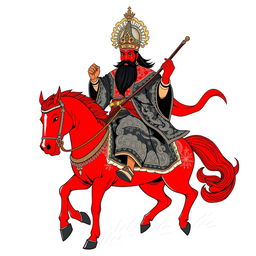 A detailed t-shirt design featuring Guan Gong with a red face and a long black beard, riding majestically on a red horse