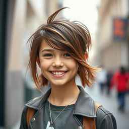 A fashionable, dressed girl with a trendy and modern hairstyle, exuding confidence