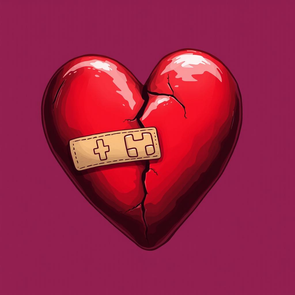 A heart that appears to be wounded or broken, with a visible band-aid placed across the crack to symbolize healing or mending