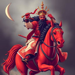 A t-shirt design featuring Guan Gong with a red face and a long black beard, courageously riding on a red horse