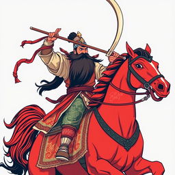 A t-shirt design featuring Guan Gong with a red face and a long black beard, courageously riding on a red horse