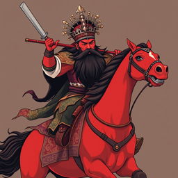 A t-shirt design featuring Guan Gong with a red face and a long black beard, courageously riding on a red horse