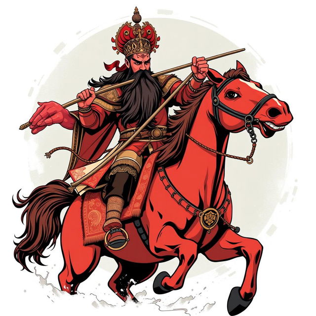 A t-shirt design featuring Guan Gong with a red face and a long black beard, courageously riding on a red horse