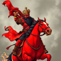 A t-shirt design featuring Guan Gong with a red face and a long black beard, courageously riding on a red horse