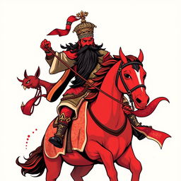 A t-shirt design featuring Guan Gong with a red face and a long black beard, courageously riding on a red horse