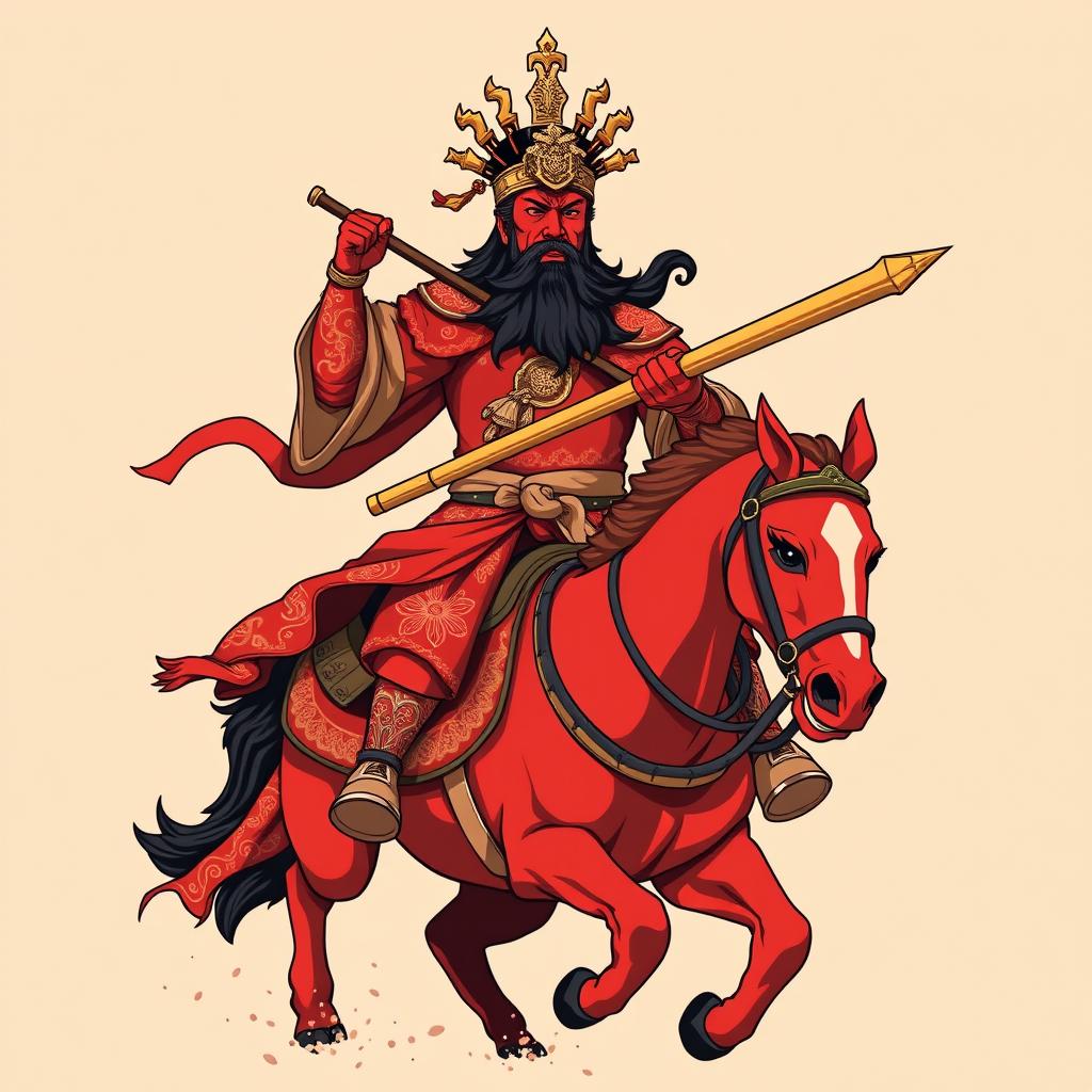 A t-shirt design featuring Guan Gong with a red face and a long black beard, courageously riding on a red horse