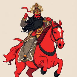 A t-shirt design featuring Guan Gong with a red face and a long black beard, courageously riding on a red horse