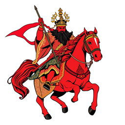 A t-shirt design of Guan Gong with a red face and long black beard, courageously riding on a red horse