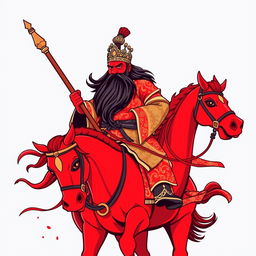 A t-shirt design of Guan Gong with a red face and long black beard, courageously riding on a red horse