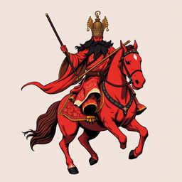 A t-shirt design of Guan Gong with a red face and long black beard, courageously riding on a red horse