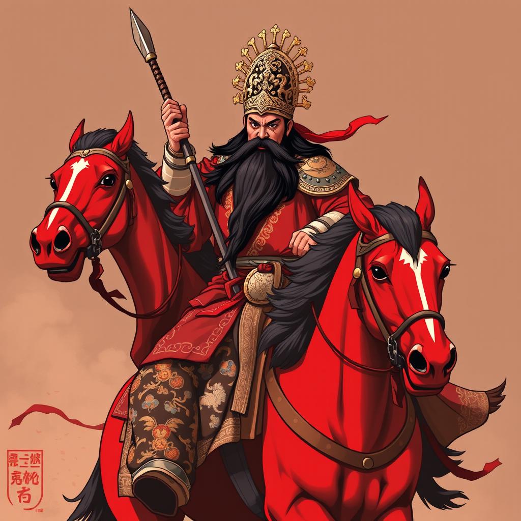 A t-shirt design of Guan Gong with a red face and long black beard, courageously riding on a red horse