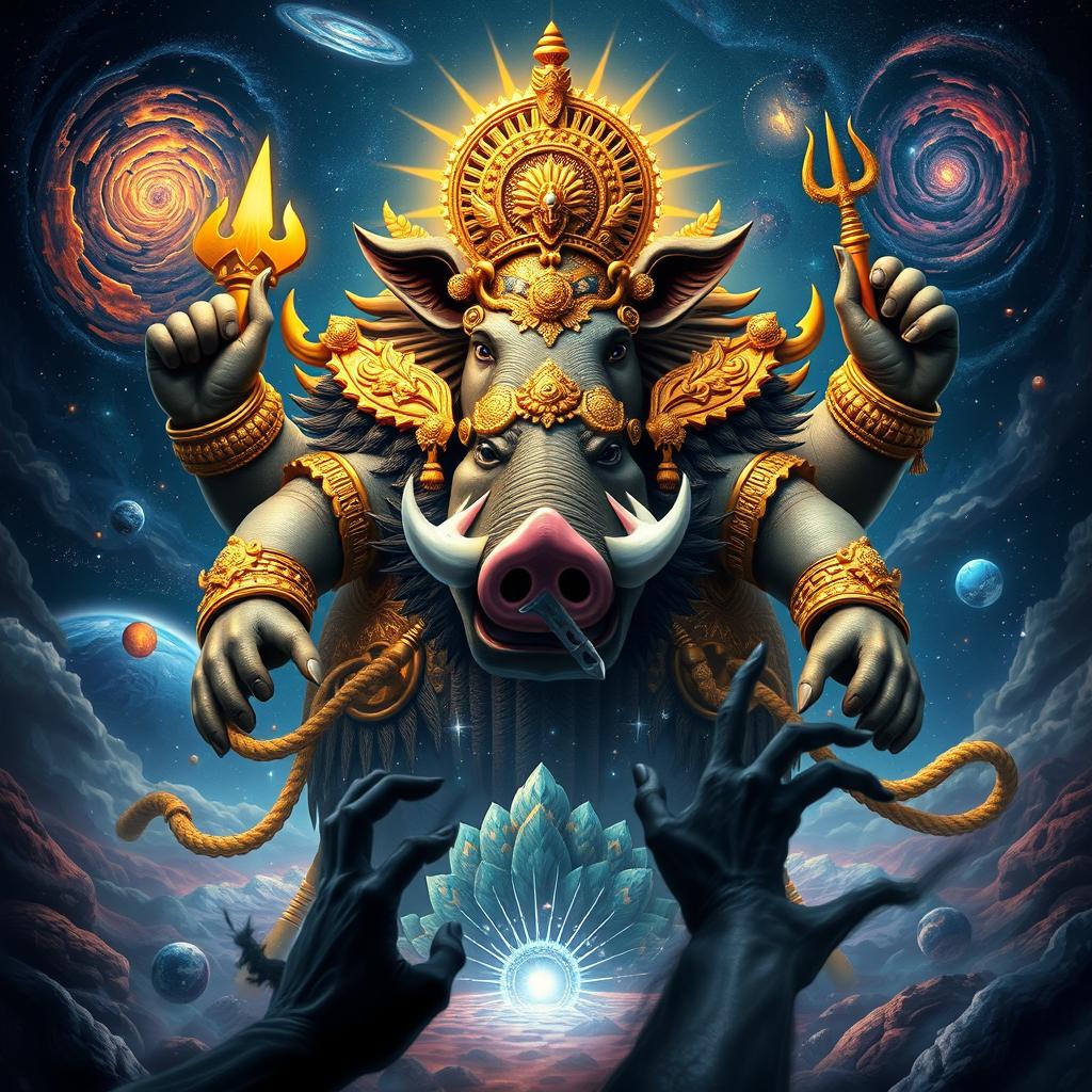 A colossal and powerful divine boar known as Waraha, an incarnation of Vishnu, depicted with immense cosmic strength and majesty