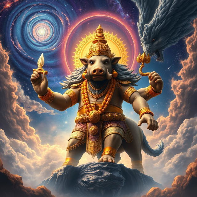 A colossal and powerful divine boar known as Waraha, an incarnation of Vishnu, depicted with immense cosmic strength and majesty