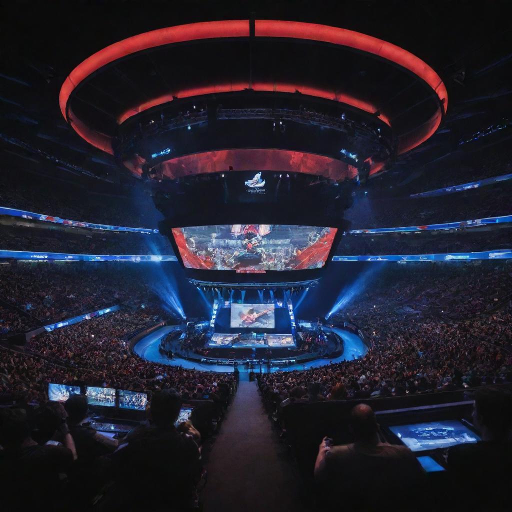 An action-packed esports scene, featuring a grand stadium filled with passionate fans, intense light effects focusing on players in a high-tech gaming pod, and a massive LED screen showcasing a competitive game in progress.