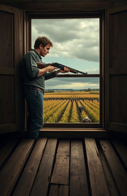 A 30-year-old male farmer with brown hair stands inside his rustic farmhouse, holding a shotgun, and gazes intently out the window