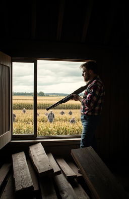 A 30-year-old male farmer with brown hair stands inside his rustic farmhouse, holding a shotgun, and gazes intently out the window