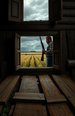 A 30-year-old male farmer with brown hair stands inside his rustic farmhouse, holding a shotgun, and gazes intently out the window