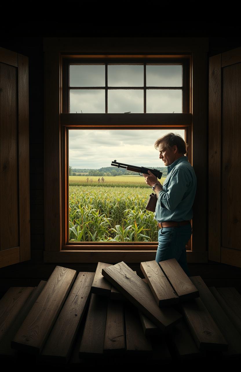 A 30-year-old male farmer with brown hair stands inside his rustic farmhouse, holding a shotgun, and gazes intently out the window