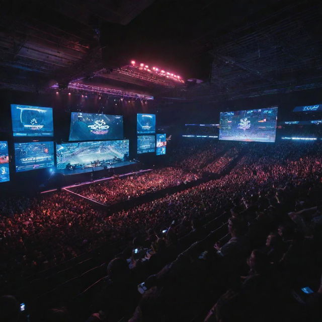 An action-packed esports scene, featuring a grand stadium filled with passionate fans, intense light effects focusing on players in a high-tech gaming pod, and a massive LED screen showcasing a competitive game in progress.