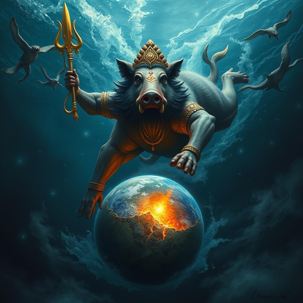 Waraha, the massive and powerful divine boar incarnation of Vishnu, diving with unwavering resolve into the dark cosmic ocean